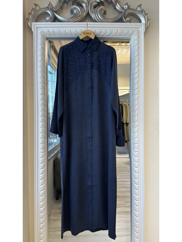 İNVEE 7032 İpek Qupra Gömlek Elbise - Lacivert