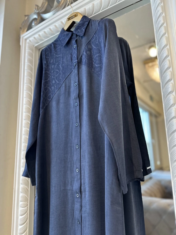 İNVEE 7032 İpek Qupra Gömlek Elbise - Lacivert