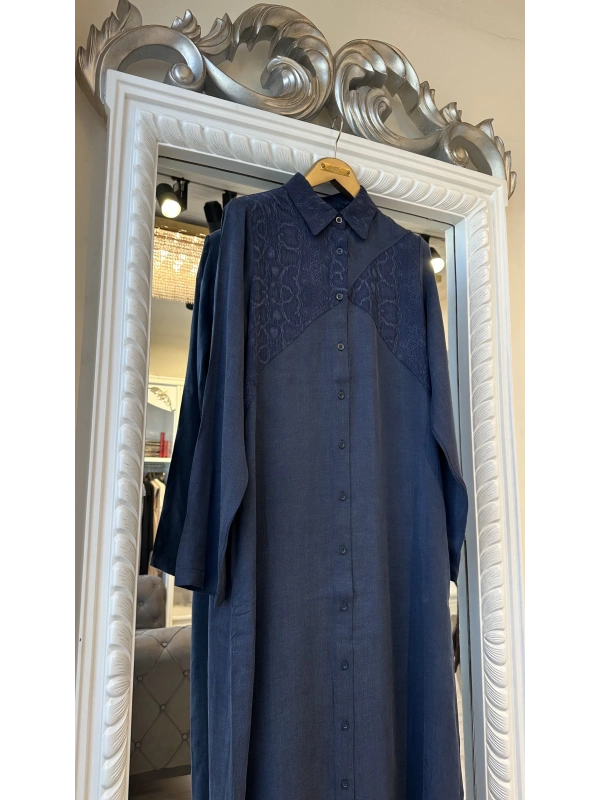 İNVEE 7032 İpek Qupra Gömlek Elbise - Lacivert