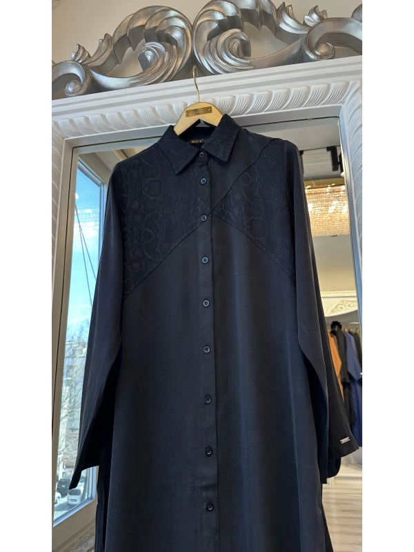 İNVEE 7032 İpek Qupra Gömlek Elbise - Siyah