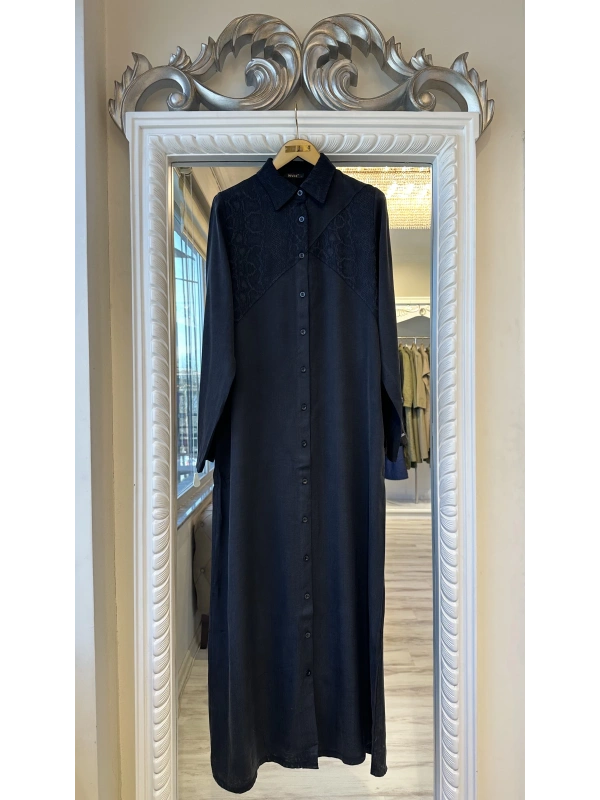 İNVEE 7032 İpek Qupra Gömlek Elbise - Siyah