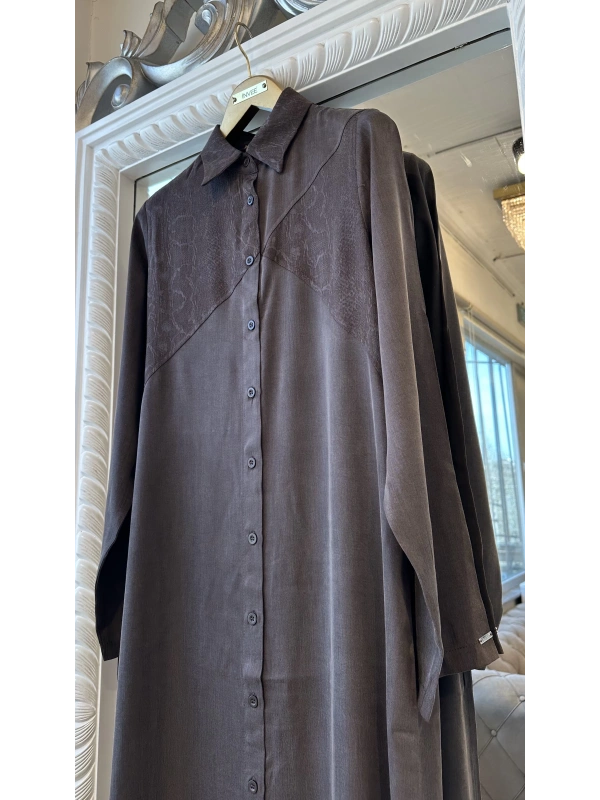 İNVEE 7032 İpek Qupra Gömlek Elbise - Kahverengi