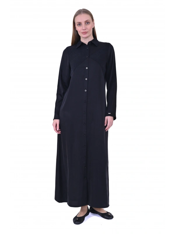 İNVEE 7032 İpek Qupra Gömlek Elbise - Siyah