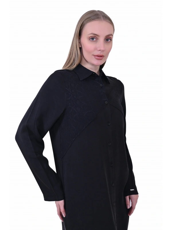 İNVEE 7032 İpek Qupra Gömlek Elbise - Siyah