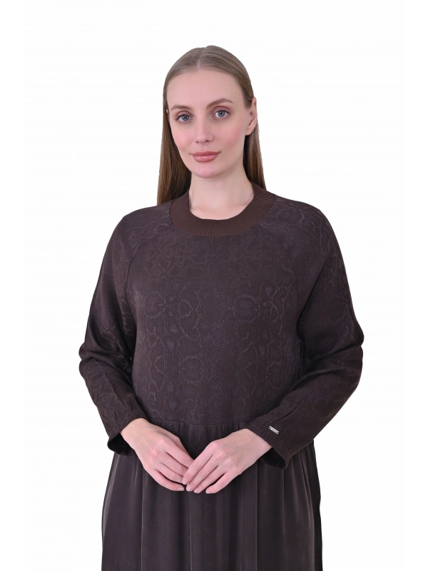 İNVEE 7033 Desenli Modal Elbise - Kahverengi