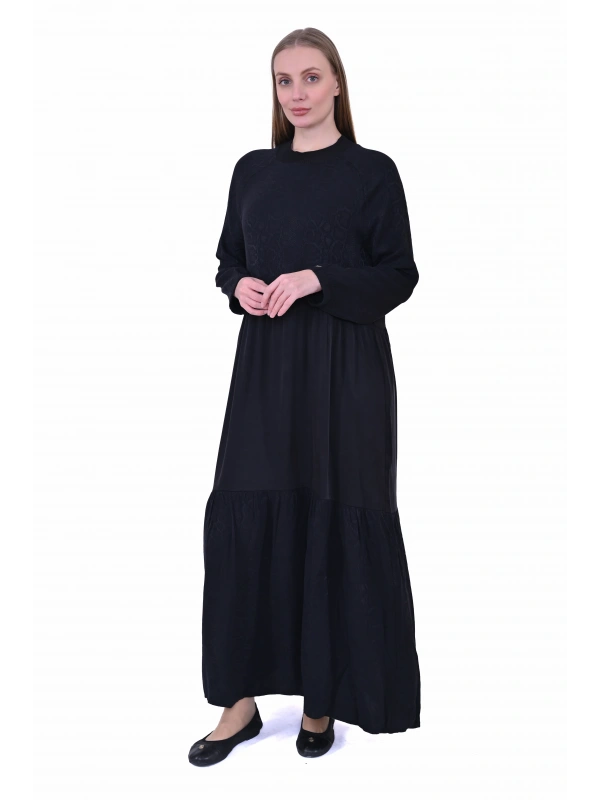 İNVEE 7033 Desenli Modal Elbise - Siyah