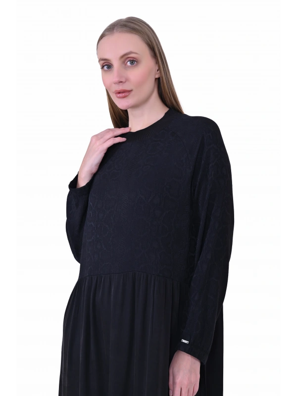 İNVEE 7033 Desenli Modal Elbise - Siyah