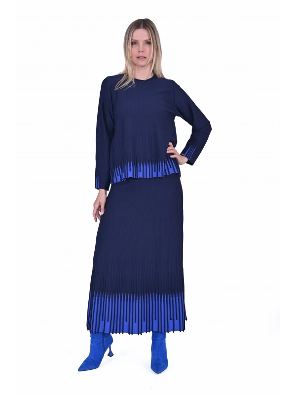 İNVEE 7034 İki Renkli Triko Takım - Lacivert