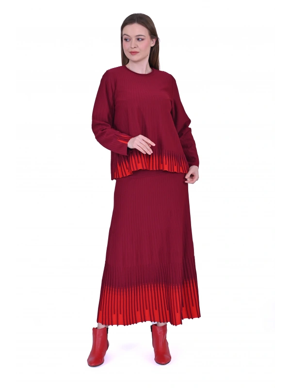 İNVEE 7034 İki Renkli Triko Takım - Bordo