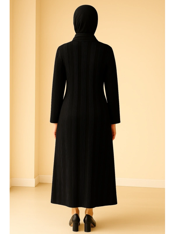 İNVEE 7038 Düğme Detaylı Triko Elbise - Siyah