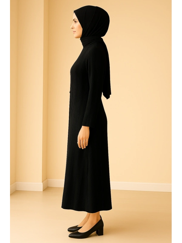 İNVEE 7038 Düğme Detaylı Triko Elbise - Siyah