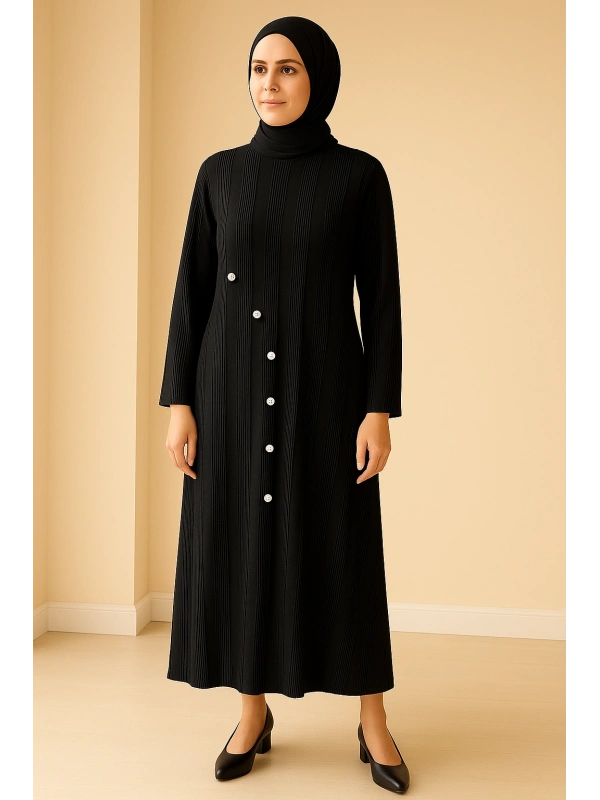İNVEE 7038 Düğme Detaylı Triko Elbise - Siyah