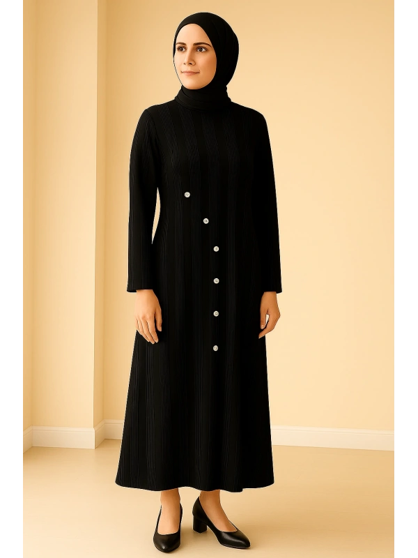 İNVEE 7038 Düğme Detaylı Triko Elbise - Siyah