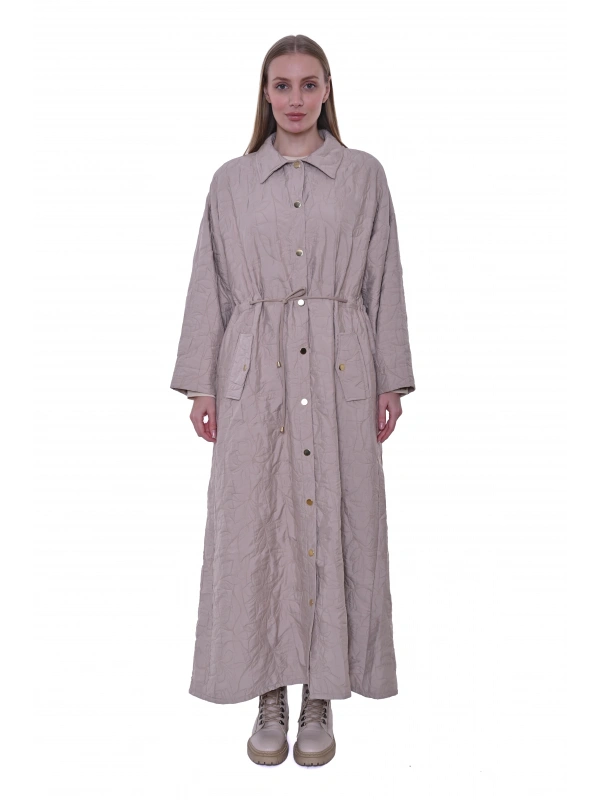 İNVEE 7041 Geniş Kalıp Belden Bağlamalı Kapitone Kap - Bej