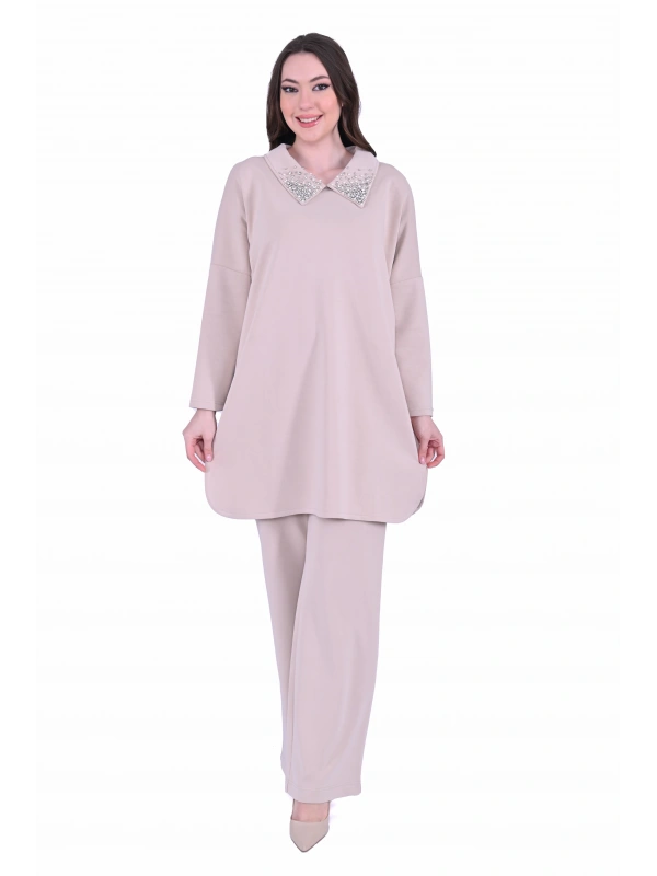 İNVEE 7046 Yakası Taş Detaylı Modal Takım - Bej