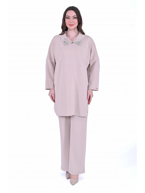 İNVEE 7046 Yakası Taş Detaylı Modal Takım - Bej