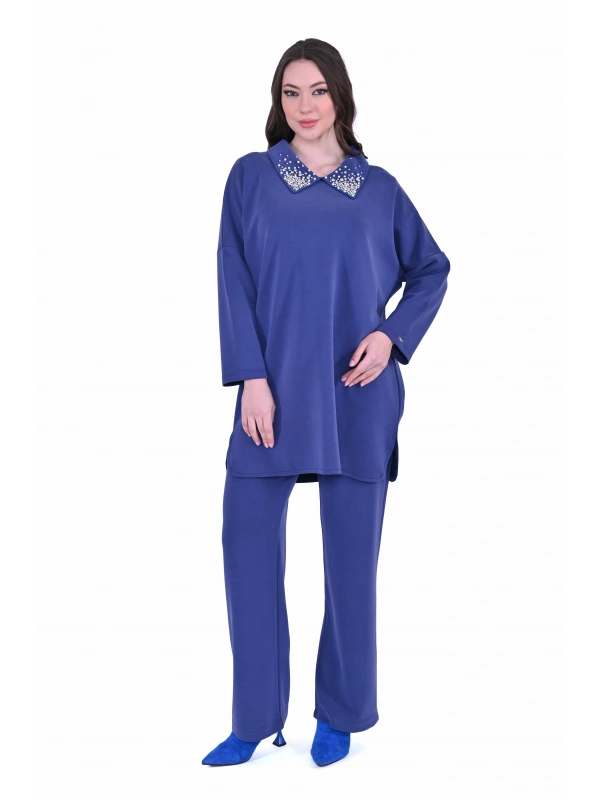 İNVEE 7046 Yakası Taş Detaylı Modal Takım - İndigo