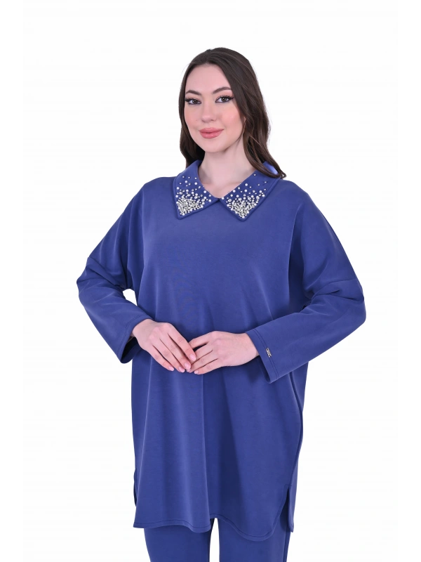 İNVEE 7046 Yakası Taş Detaylı Modal Takım - İndigo