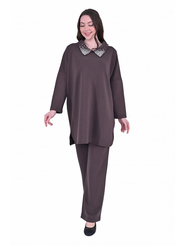 İNVEE 7046 Yakası Taş Detaylı Modal Takım - Kahve