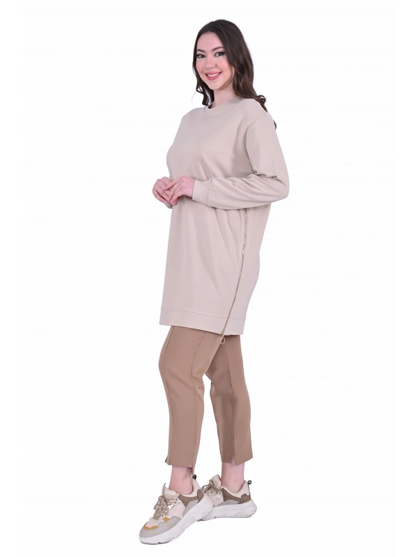 İNVEE 7047 Fermuar Detaylı İki İplik Tunik - Bej