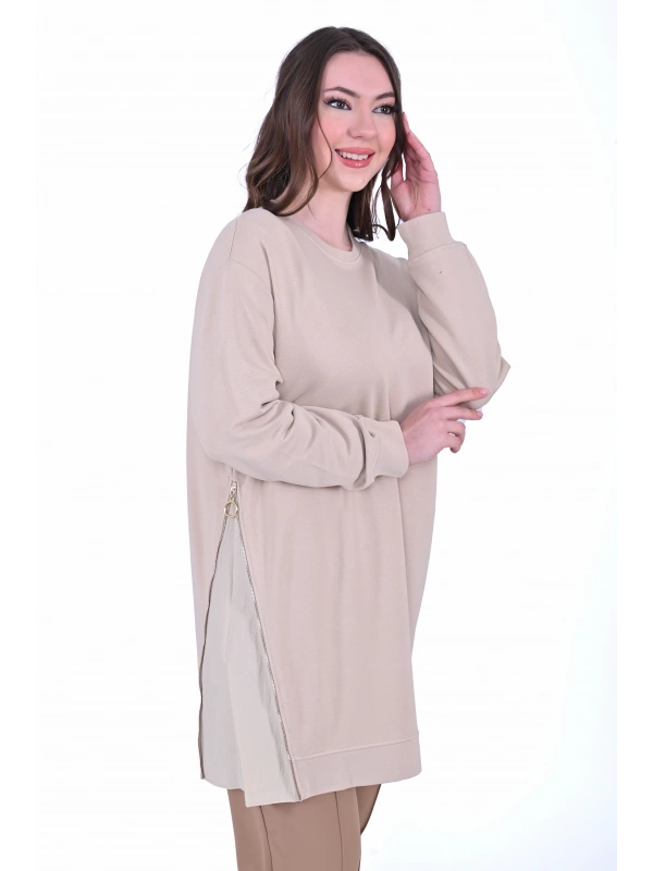 İNVEE 7047 Fermuar Detaylı İki İplik Tunik - Bej