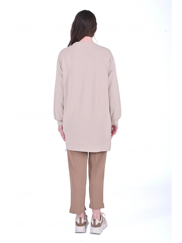 İNVEE 7047 Fermuar Detaylı İki İplik Tunik - Bej