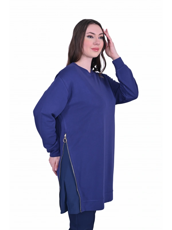 İNVEE 7047 Fermuar Detaylı İki İplik Tunik - İndigo