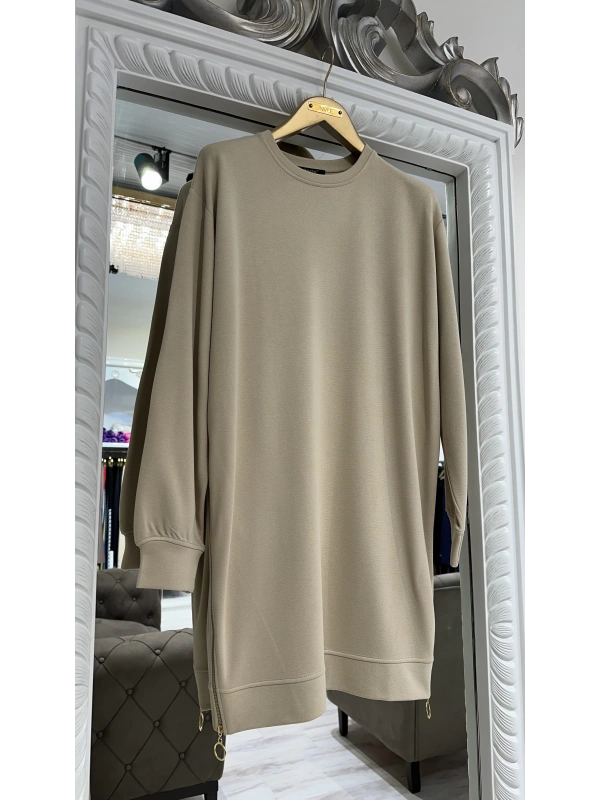 İNVEE 7047 Fermuar Detaylı İki İplik Tunik - Bej