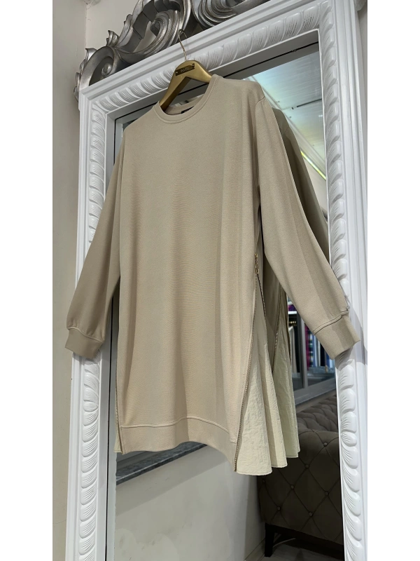 İNVEE 7047 Fermuar Detaylı İki İplik Tunik - Bej