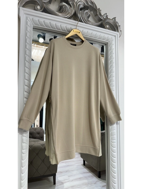 İNVEE 7047 Fermuar Detaylı İki İplik Tunik - Bej