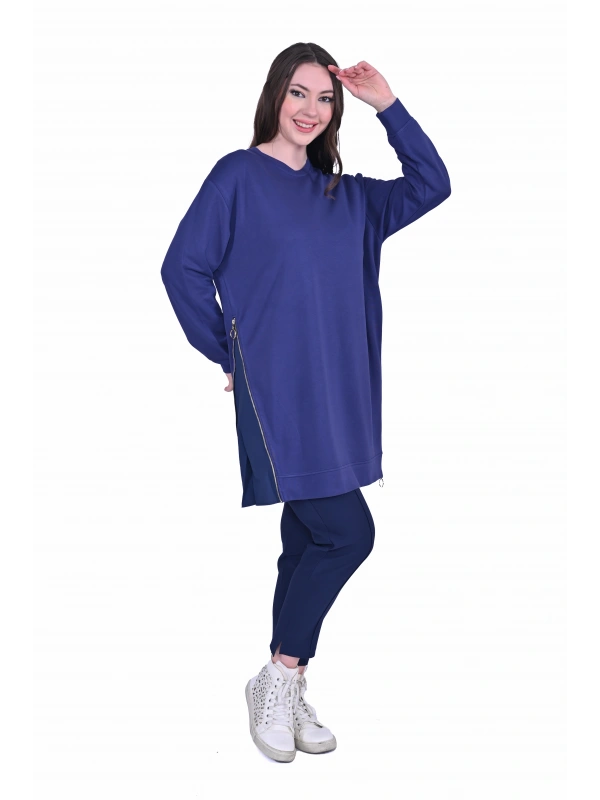 İNVEE 7047 Fermuar Detaylı İki İplik Tunik - İndigo
