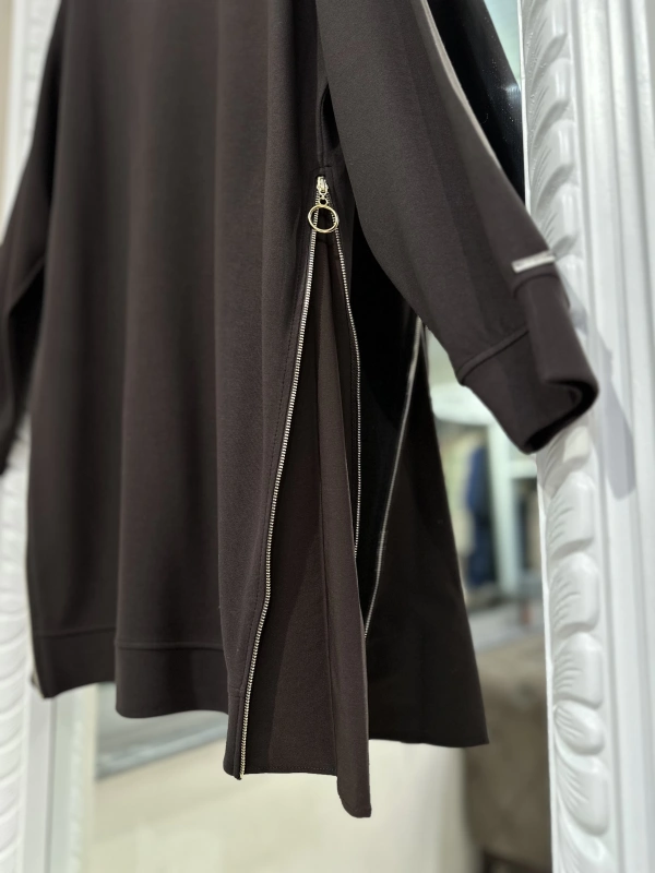 İNVEE 7047 Fermuar Detaylı İki İplik Tunik - Kahve