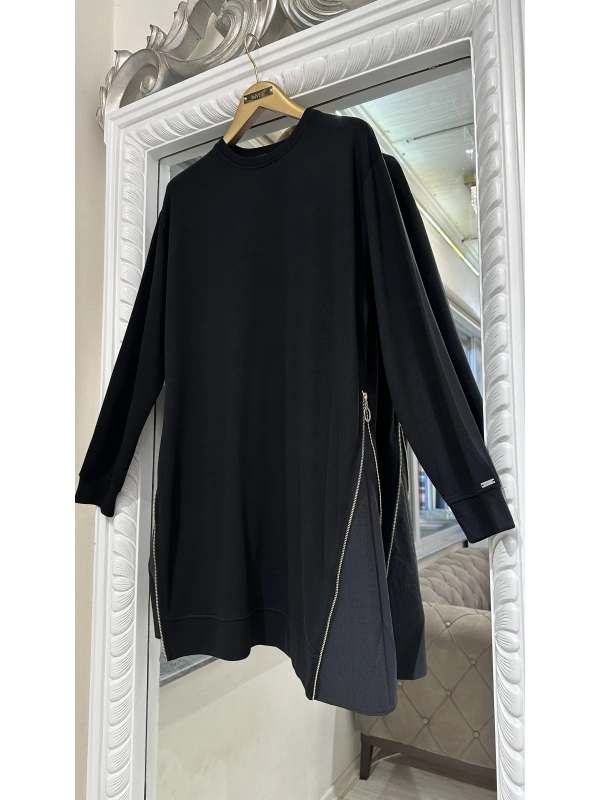 İNVEE 7047 Fermuar Detaylı İki İplik Tunik - Siyah