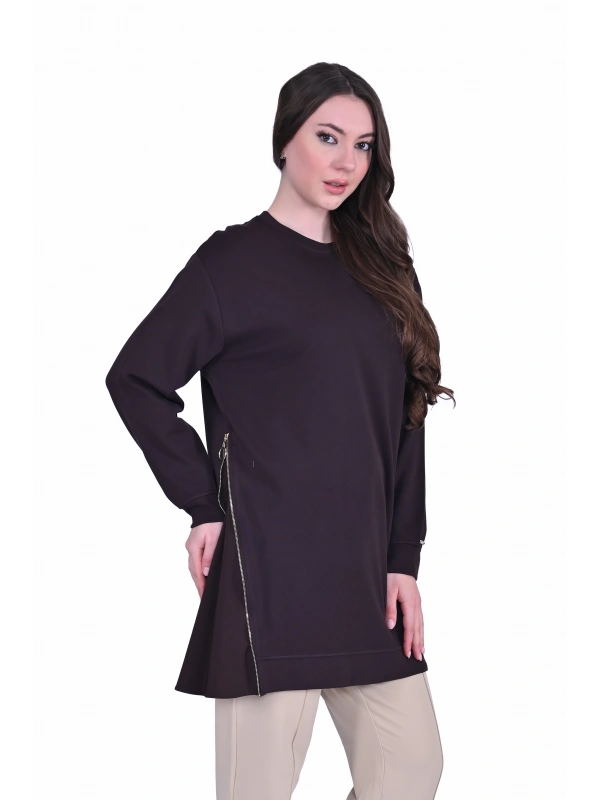 İNVEE 7047 Fermuar Detaylı İki İplik Tunik - Kahve