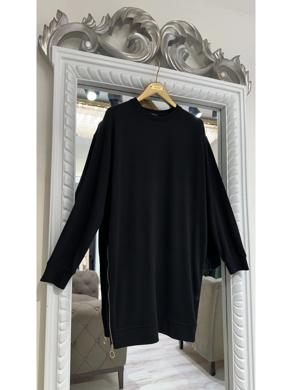 İNVEE 7047 Fermuar Detaylı İki İplik Tunik - Siyah