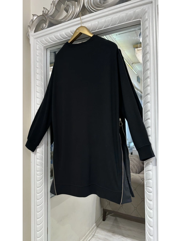 İNVEE 7047 Fermuar Detaylı İki İplik Tunik - Siyah