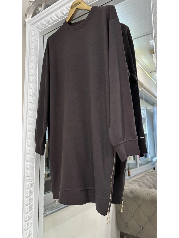 İNVEE 7047 Fermuar Detaylı İki İplik Tunik - Kahve