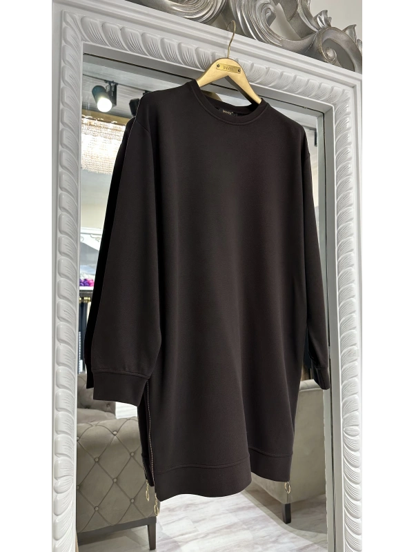 İNVEE 7047 Fermuar Detaylı İki İplik Tunik - Kahve