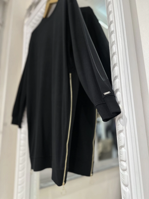 İNVEE 7047 Fermuar Detaylı İki İplik Tunik - Siyah