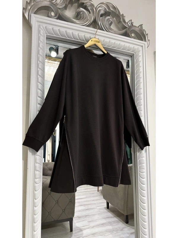 İNVEE 7047 Fermuar Detaylı İki İplik Tunik - Kahve