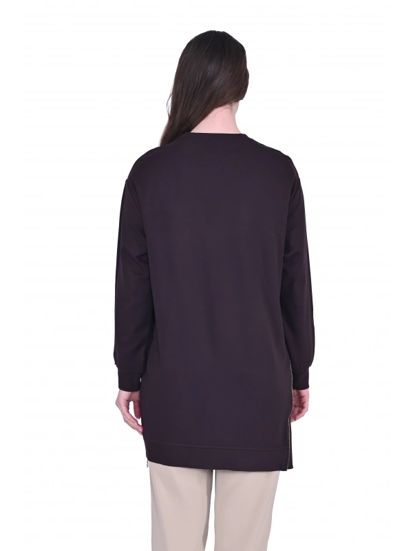 İNVEE 7047 Fermuar Detaylı İki İplik Tunik - Kahve