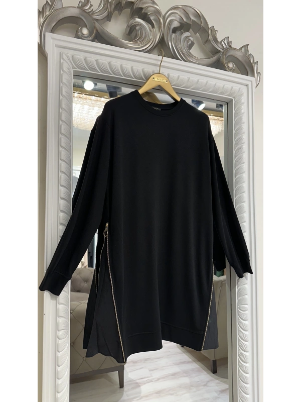 İNVEE 7047 Fermuar Detaylı İki İplik Tunik - Siyah