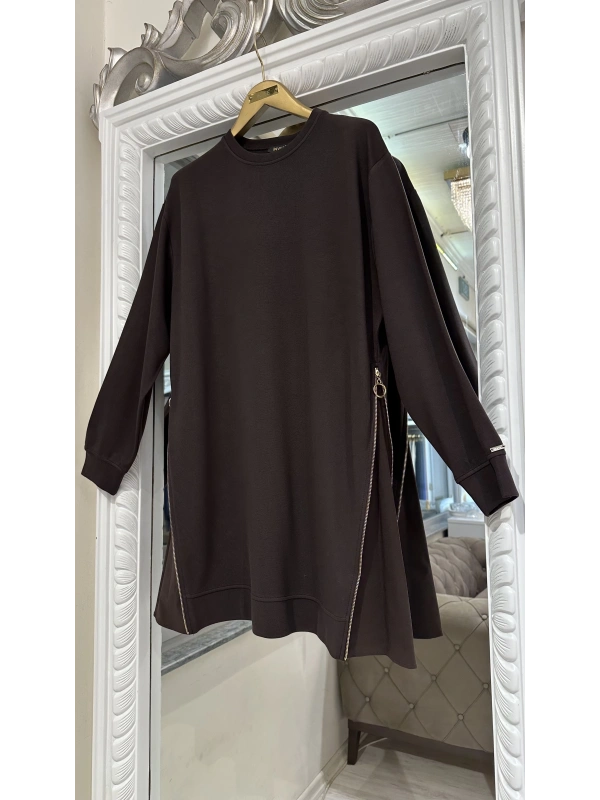 İNVEE 7047 Fermuar Detaylı İki İplik Tunik - Kahve