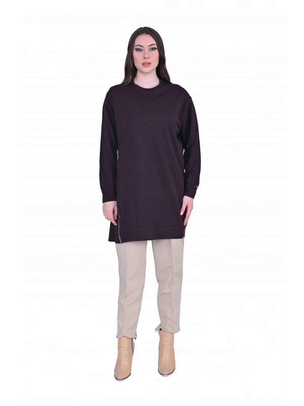 İNVEE 7047 Fermuar Detaylı İki İplik Tunik - Kahve