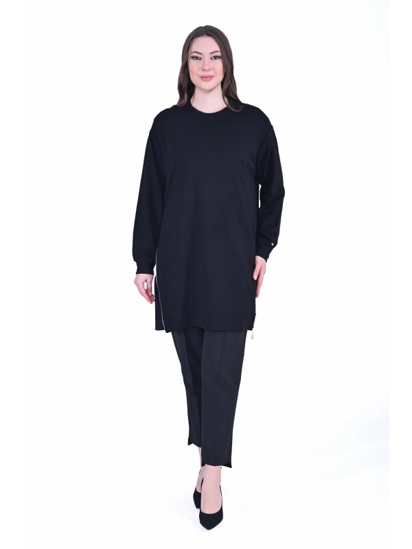 İNVEE 7047 Fermuar Detaylı İki İplik Tunik - Siyah