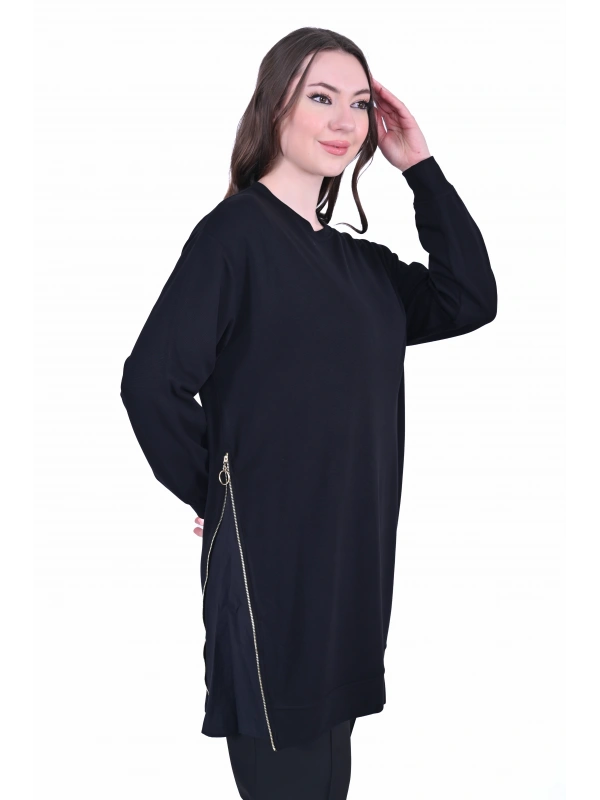 İNVEE 7047 Fermuar Detaylı İki İplik Tunik - Siyah