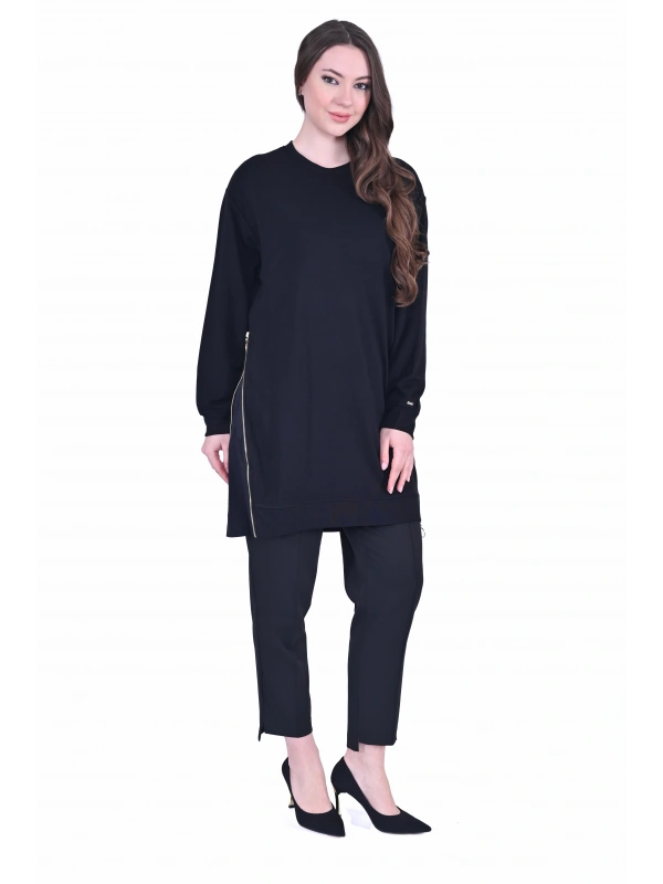 İNVEE 7047 Fermuar Detaylı İki İplik Tunik - Siyah