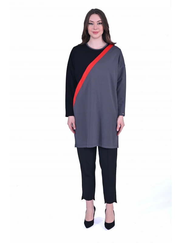 İNVEE 7048 Renk Bloklu Triko Tunik - Antrasit