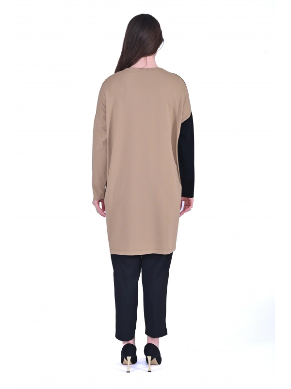 İNVEE 7048 Renk Bloklu Triko Tunik - Camel