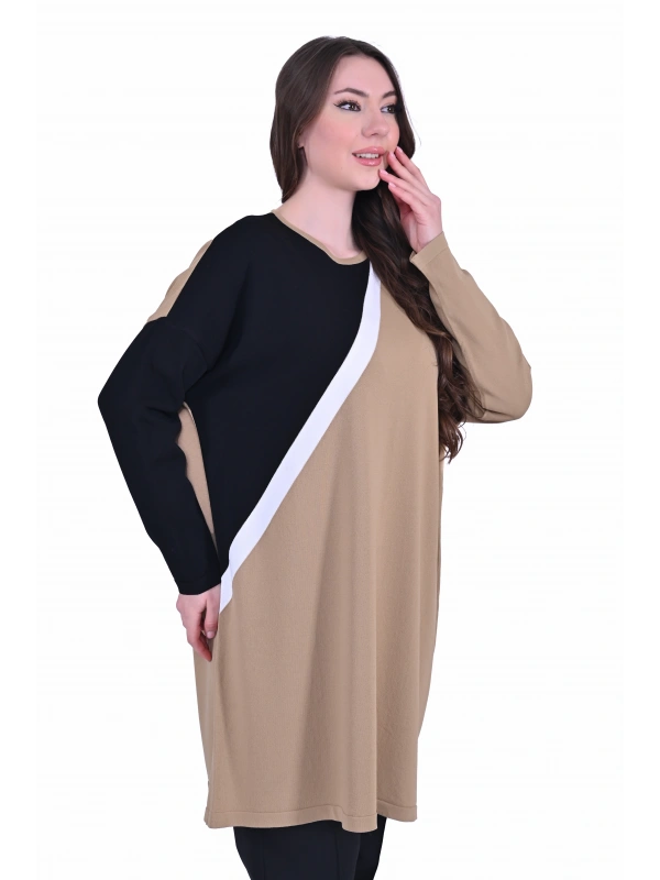 İNVEE 7048 Renk Bloklu Triko Tunik - Camel